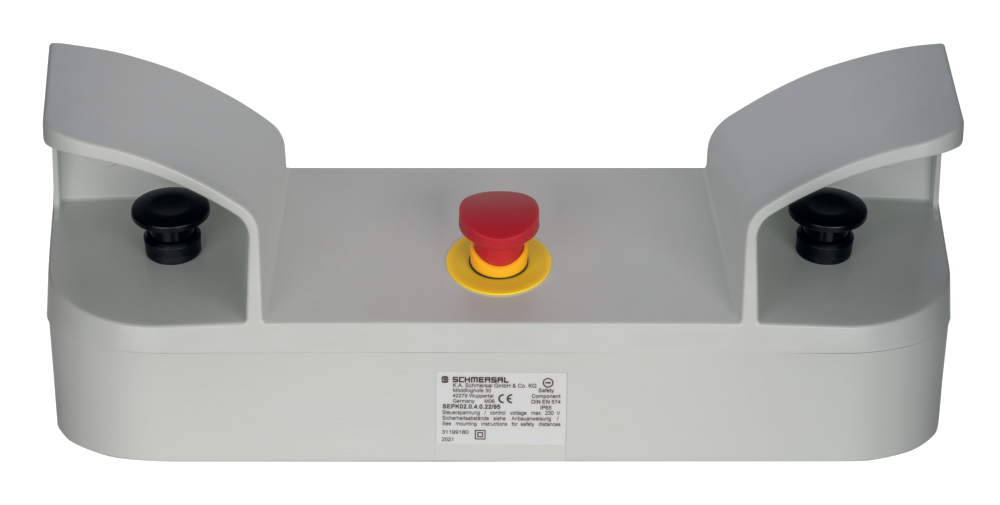 101027371- MANDO BIMANUAL SEPK02.0.4.0.22/95, TERMOPLASTICO, 2 BOTONES NEGROS OPERATIVOS, 1 PARO DE EMERGENCIA,